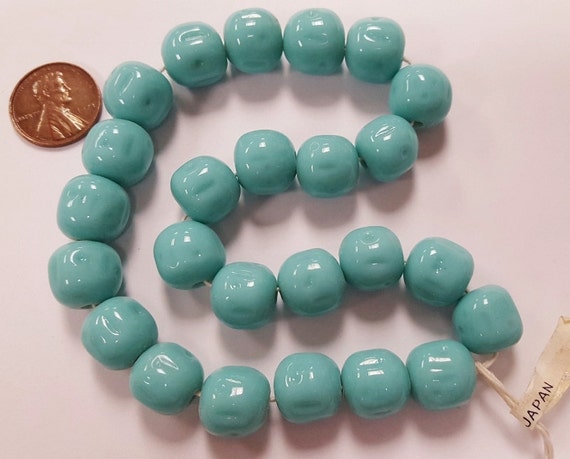Vintage Cherry Brand Glass Beads, 13mm Green Turquoise Baroque Style, 24pcs (New Old Stock From Japan) - View #4