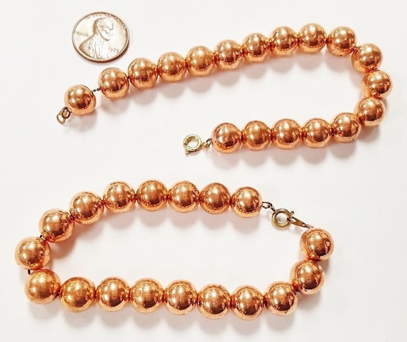 2 Vintage Copper Coated Acrylic 10mm. Beaded Brass Chain 7.50" Bracelets N279