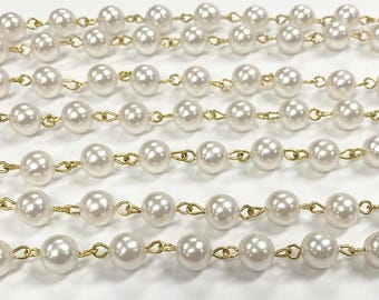 3 Feet Vintage Japanese White Pearl 8mm. Beaded Brass Rosary Link Chain 572