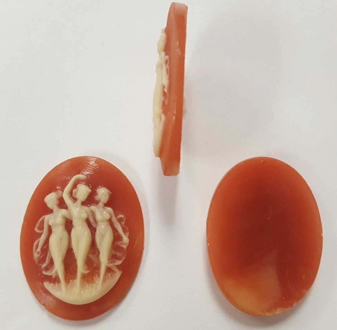 3 Vintage Dancing Ladies Muses Graces Cameos - Oval Carnelian Resin 40x30mm NOS
