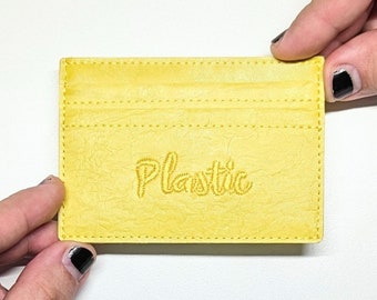 Personalized Yellow Card Holder, 5 Slots, Upcycled Plastic, Custom Name Embroidery, Recycled Slim Wallet, Handcrafted Minimalist Card Sleeve