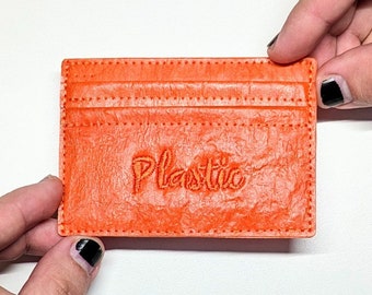 Personalized Orange Card Holder, 5 Slots, Upcycled Plastic, Custom Name Embroidery, Recycled Slim Wallet, Handcrafted Minimalist Card Sleeve