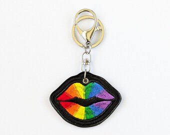 Kiss Pride Keychain, Rainbow Embroidery on Black Fused Plastic, Designer LGBT Keyring, Loud Funky Purse Charm, Bright Colourful Bag Tag