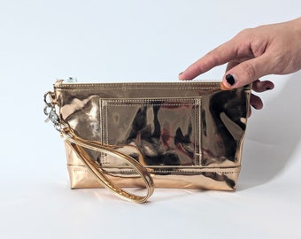 Shiny Gold Vinyl Zipper Wristlet, Mirror Chrome PVC Designer Clutch, Statement Metallic Small Bag, Compact Everyday Multipurpose Pouch