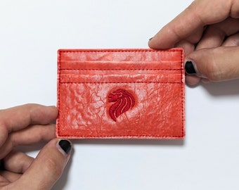 Red Card Holder, 5 Slots, Upcycled Plastic, Singapore Lion Head Embroidery, Recycled Slim Wallet, Handcrafted Minimalist Card Sleeve