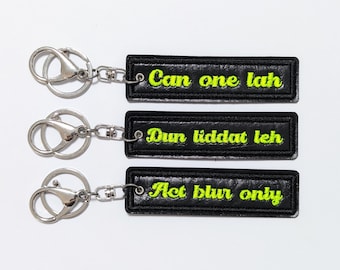 Set of 3 Neon Yellow Singlish Embroidery Keychain, Black Fused Plastic Designer Keyring, Singapore Slang Purse Charm, Funky Bag Tag