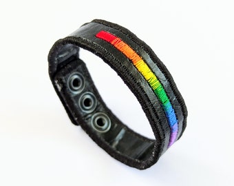 Gradient Bar Pride Embroidery Wristband, Personalized Initials, Black Fused Plastic, LGBT Rainbow Strap Bracelet, Snap Button Wrist Cuff