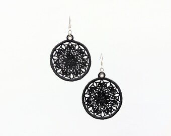 Marigold Mandala Lace Earrings, Black Embroidery Dreamcatcher Dangles, Geometric Designer Jewellery, Gothic Boho Chic Jewelry