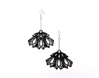 Fan Wing Lace Statement Earrings, Black Embroidery Geometric Mesh Dangles, Gothic Boho Chic Designer Jewellery, Edgy Dark Fashion Jewelry