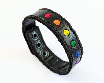 Round Dots Pride Strap Bracelet, Personalized Initials Embroidery, Black Fused Plastic Designer Wristband, LGBT Rainbow Wrist Cuff