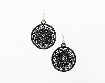 Mimosa Mandala Lace Earrings, Black Embroidery Dreamcatcher Dangles, Geometric Designer Jewellery, Gothic Boho Chic Jewelry