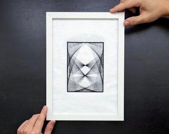 Generative Line #3 Graphic Wall Decor, Black Machine Embroidery on White Fused Plastic, Abstract Spirographic Art, Modern Zen Poster