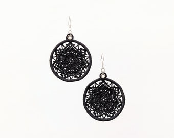 Magnolia Mandala Lace Earrings, Black Embroidery Dreamcatcher Dangles, Geometric Designer Jewellery, Gothic Boho Chic Jewelry