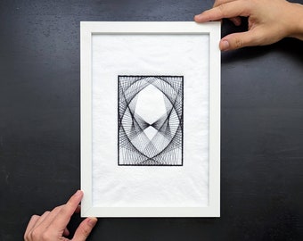 Generative Line #2 Graphic Wall Decor, Black Machine Embroidery on White Fused Plastic, Abstract Spirographic Art, Modern Zen Poster