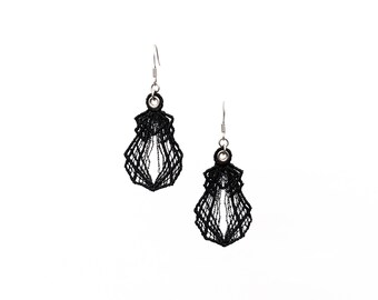 Bulb Lace Earrings, Black Embroidery Geometric Mesh Dangles, Gothic Boho Chic Designer Jewellery, Edgy Dark Fashion Jewelry