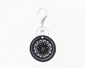 Mimosa Mandala Lace Keychain, Black Embroidery Fused Plastic Designer Keyring, Dreamcatcher Round Purse Charm, Gothic Geometric Mesh Bag Tag