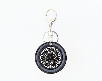 Marigold Mandala Lace Keychain, Black Embroidery Fused Plastic Designer Keyring, Dreamcatcher Purse Charm, Gothic Geometric Mesh Bag Tag