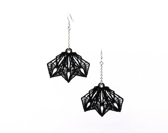 Fan Spike Lace Statement Earrings, Black Embroidery Geometric Mesh Dangles, Gothic Boho Chic Designer Jewellery, Edgy Dark Fashion Jewelry