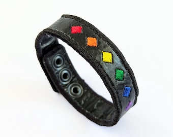 Diamond Squares Pride Strap Bracelet, Personalized Initials Embroidery, Black Fused Plastic Designer Wristband, LGBT Rainbow Wrist Cuff