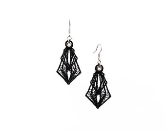 Spike Lace Earrings, Black Embroidery Geometric Mesh Dangles, Gothic Boho Chic Designer Jewellery, Edgy Dark Fashion Jewelry