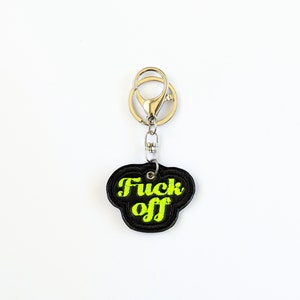 Fuck Off Neon Yellow Embroidery Keychain, Black Fused Plastic Designer Keyring, Rude Swear Purse Charm, Dark Humour Bag Tag