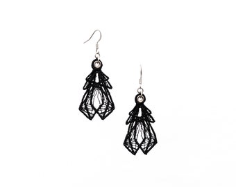 Wing Lace Earrings, Black Embroidery Geometric Mesh Dangles, Gothic Boho Chic Designer Jewellery, Edgy Dark Fashion Jewelry