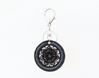 Magnolia Mandala Lace Keychain, Black Embroidery Fused Plastic Designer Keyring, Dreamcatcher Purse Charm, Gothic Geometric Mesh Bag Tag