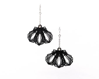 Fan Bulb Lace Statement Earrings, Black Embroidery Geometric Mesh Dangles, Gothic Boho Chic Designer Jewellery, Edgy Dark Fashion Jewelry