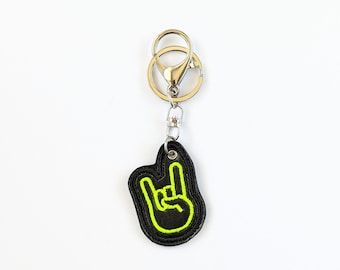 Rock On Neon Yellow Embroidery Keychain, Sign of the Horns Black Fused Plastic Designer Keyring, Hand Sign Purse Charm, Bright Emoji Bag Tag