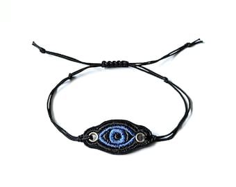 Blue Evil Eye Charm Bracelet, Embroidery on Black Fused Plastic, Skinny Black Cord, Adjustable Sliding Knot