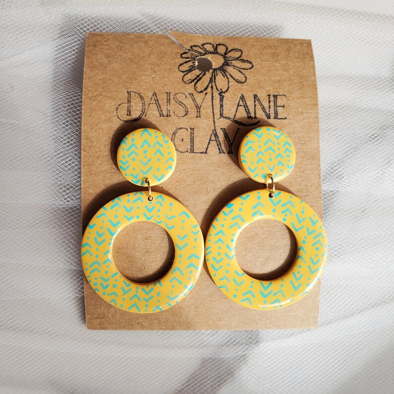 Turquoise Patterned Hoop Dangle Earring Stainless Steel Hypoallergenic Polymer Clay Handmade |