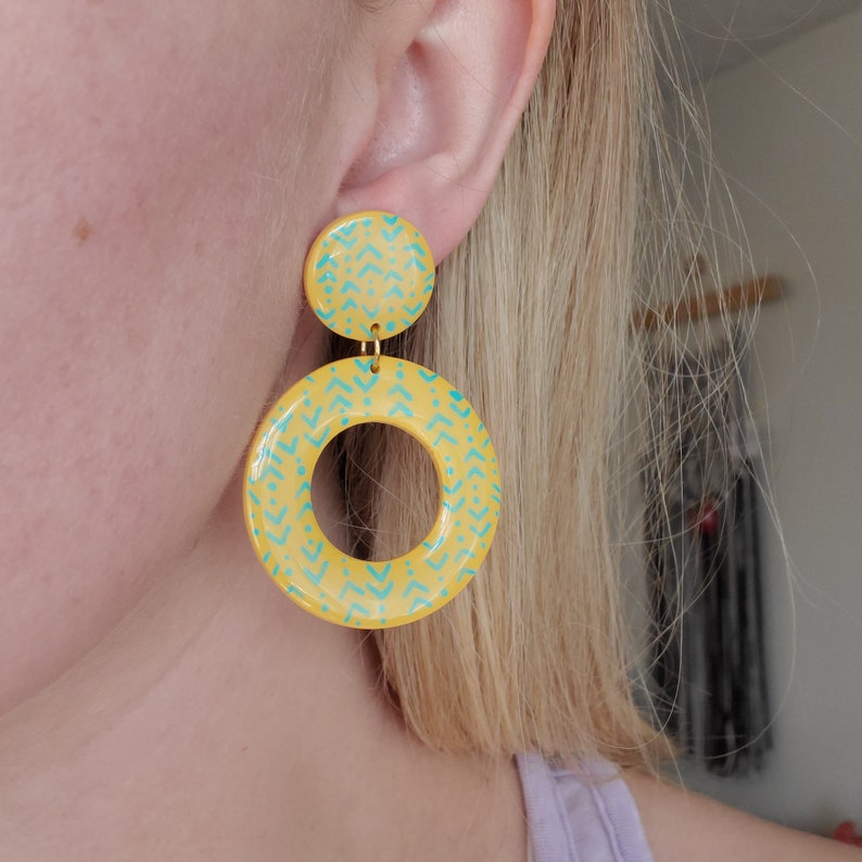 Turquoise Patterned Hoop Dangle Earring Stainless Steel Hypoallergenic Polymer Clay Handmade |