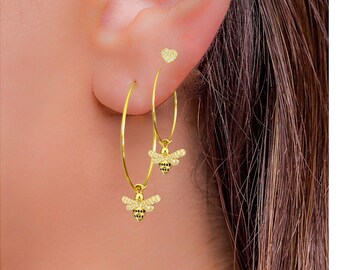 BEE Hoop Earrings 18K Gold Filled Stainless Steel . Dainty Thin Detachable Interchangeable Cubic Zirconia Black Bee Dangle Charms - 4 SIZES