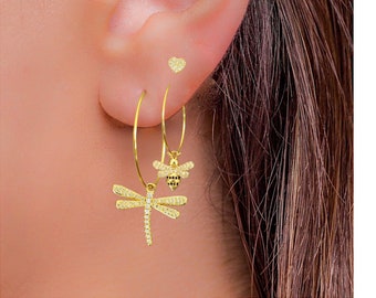 DRAGONFLY BEE Hoop Earrings 18K Gold Filled Stainless Steel Thin Hoops Interchangeable Mismatch Pave Cubic Zirconia Dangle Charms - 4 SIZES