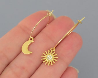 Dangle SUN & MOON Hoop Earrings 18K Gold Filled Surgical Stainless Steel . Mismatched Thin Detachable Interchangeable Charms - 4 SIZES