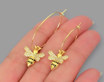 Dangle BEE Hoop Earrings 18K Gold Filled Stainless Steel . Dainty Thin Detachable Interchangeable Cubic Zirconia Black Bee Charms - 4 SIZES