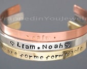 Hand Stamped CUFF Bracelet - PERSONALIZED Bangle Jewelry Hidden Message Love Mom Granny Family Sister Heart Dove 1 4 quot Aluminum Copper Gold