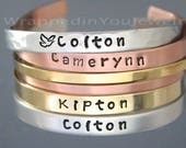 Hand Stamped CUFF Bracelet - PERSONALIZED Bangle Jewelry Hidden Message Mantra Name Family Sister Heart Dove 1 4 quot Aluminum Copper NuGold