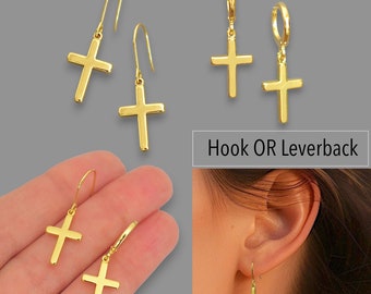 Small Gold CROSS Earrings . 18K Gold Plated Dangle Cross Pendant on Hook or Leverback Huggies Earrings . Hypoallergenic Tarnish Resistant