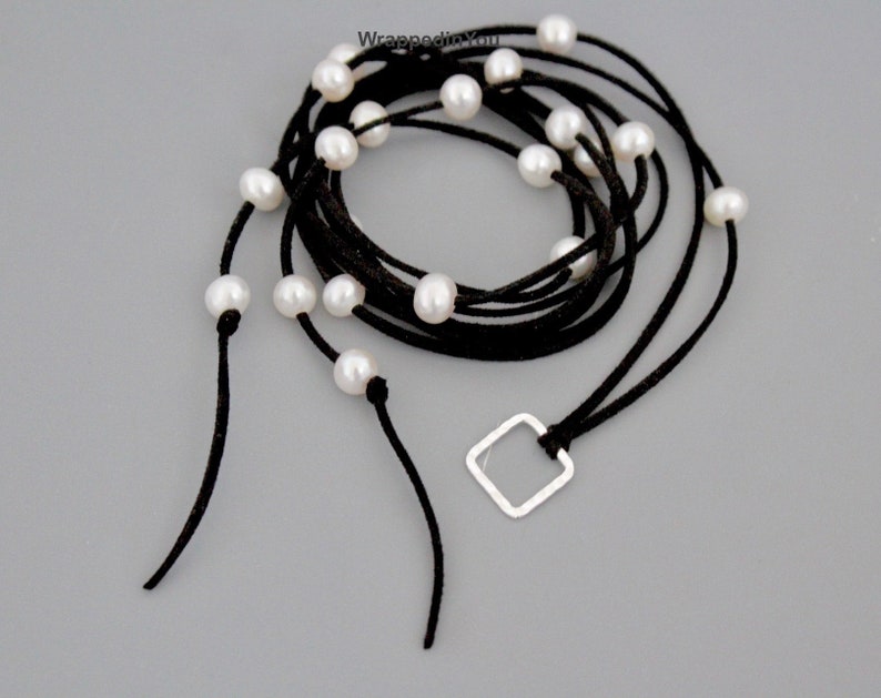 118 90 Long Faux Suede Cord Hammered Silver Circle Square Charm Focal FRESHWATER Pearl Choker Scarf Multi Wrap Lariat Bracelet Anklet