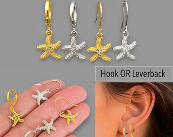 Zirconia STARFISH Dangle Earrings 18K Gold Platinum Plated Leverback Huggies or Hook ear wires . Rhinestone Small Dangling Beach Earrings