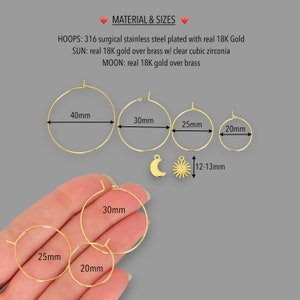 Dangle SUN & MOON Hoop Earrings 18K Gold Filled Surgical Stainless Steel . Mismatched Thin Detachable Interchangeable Charms 4 SIZES image 3