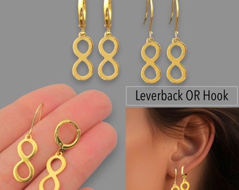 INFINITY Dangle Earrings 18K Gold Plated Leverback Huggies or Hook ear wires . Figure 8 Eternity Symbol Dangling Gold MINIMALIST Earrings