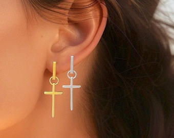 CROSS Earrings 18K Gold Platinum Plated Dangle Cross Pendant Stainless Steel Bar Post Stud Earrings . Hypoallergenic Tarnish Resistant