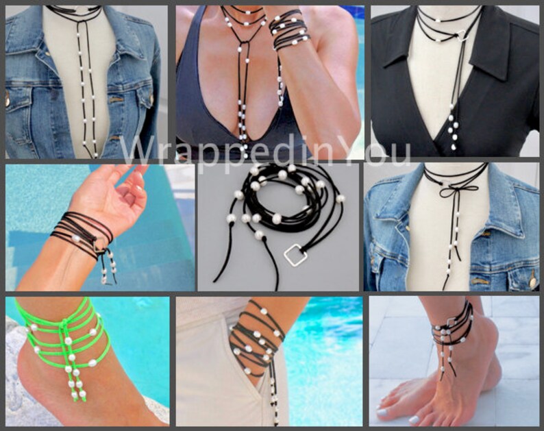 118 90 Long Faux Suede Cord Hammered Silver Circle Square Charm Focal FRESHWATER Pearl Choker Scarf Multi Wrap Lariat Bracelet Anklet