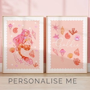 Mermaid kids bedroom wall art prints ,sea shells, personalised with name, pink blush, coral peach, scalloped edges, under the sea theme