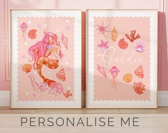 Mermaid kids bedroom wall art prints ,sea shells, personalised with name, pink blush, coral peach, scalloped edges, under the sea theme