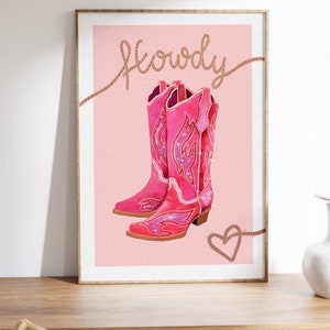 Cowgirl boots illustration art print , cowboy aesthetic, western, girl, pink and red, Dolly Parton,