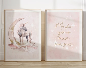 Pink Unicorn magical kids Wall Art,  Set of 2, pair, moon and stars Decor, white horse, girly bedroom, blush pink , gold, moon and star