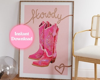 Printable Cowgirl boots illustration art print, instant digital download , cowboy aesthetic, western, girl, pink and red, Dolly Parton,